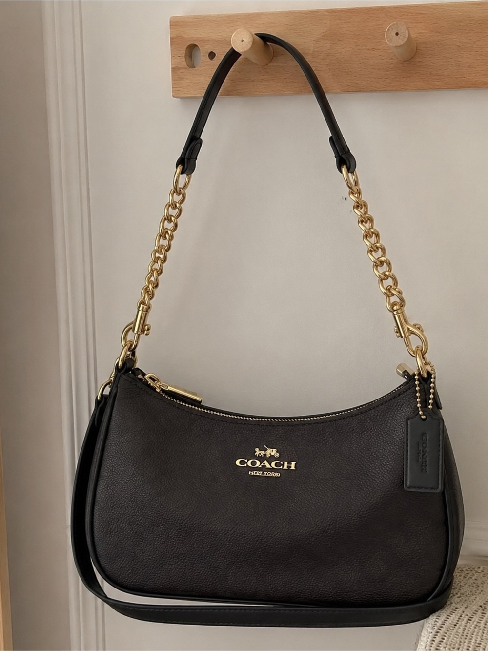 Coach Black Pebbled Leather Shoulder Bag with Gold Chain Strap